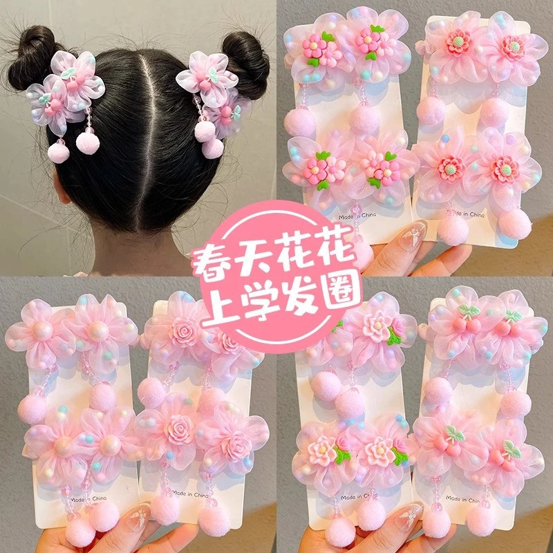 超仙甜美女童花朵发圈粉色毛球小肠圈宝宝不伤发扎马尾辫头饰头绳
