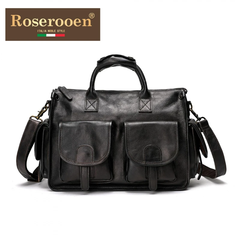 Roserooen牛皮男士斜挎包植鞣皮擦色真皮手提公文包高级感商务男