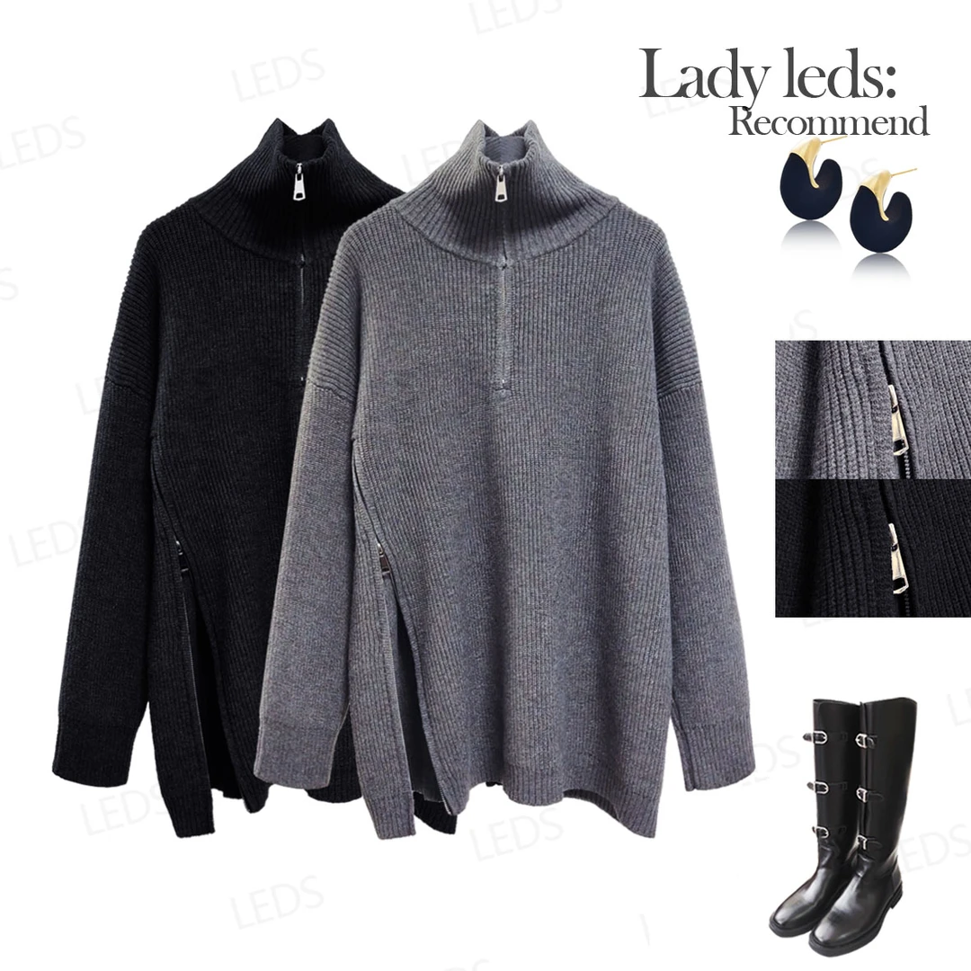 LEDS 09913421冬季新款简约文艺风两色高领拉链套头毛衣