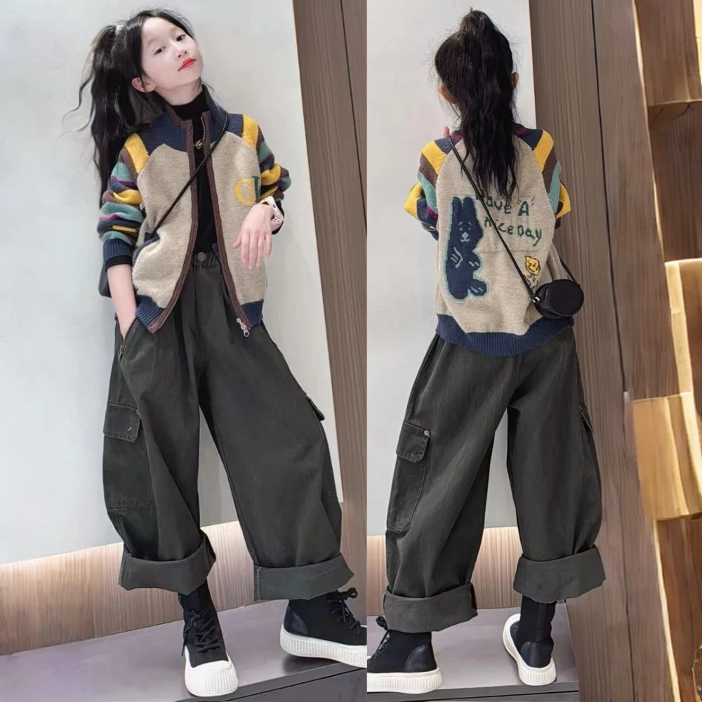 美式复古撞色条纹毛衣女童慵懒风秋冬新款针织开衫外套工装裤套装