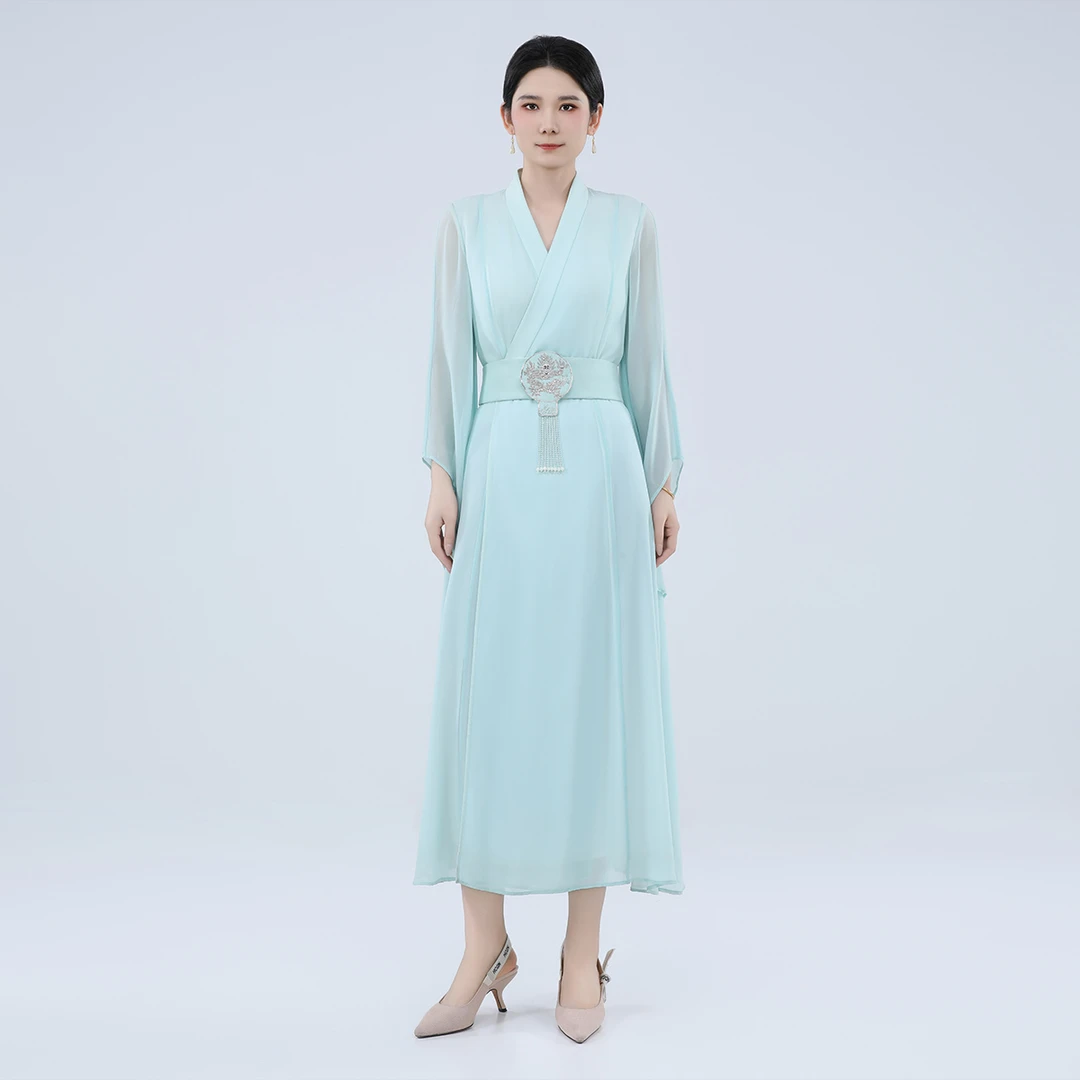 浒城古娘【凤凰传奇玲花同款】真丝100%桑蚕丝无尘连衣裙子21B1178