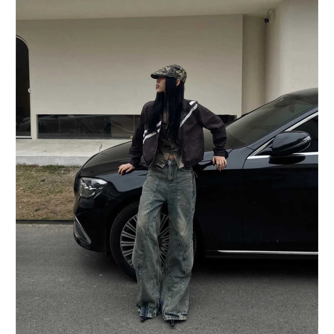 D48#美式做旧水洗牛仔裤男高街设计感拼接不规则垂坠感微喇裤