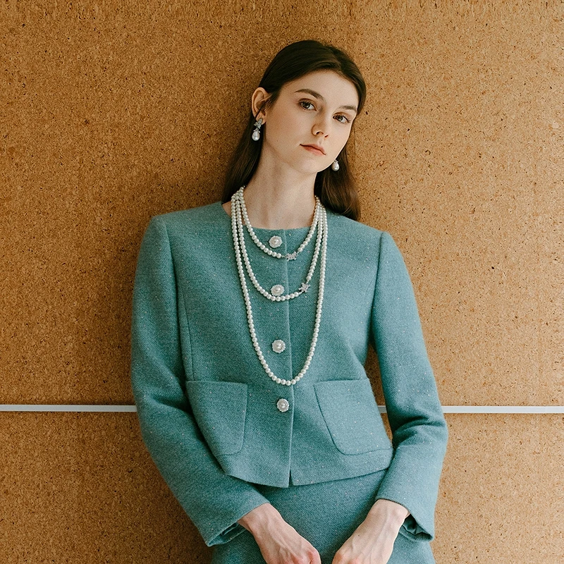 【晨粉专享价】法式薄荷绿花呢短上衣25年新款优雅MOGD04WJK216T11