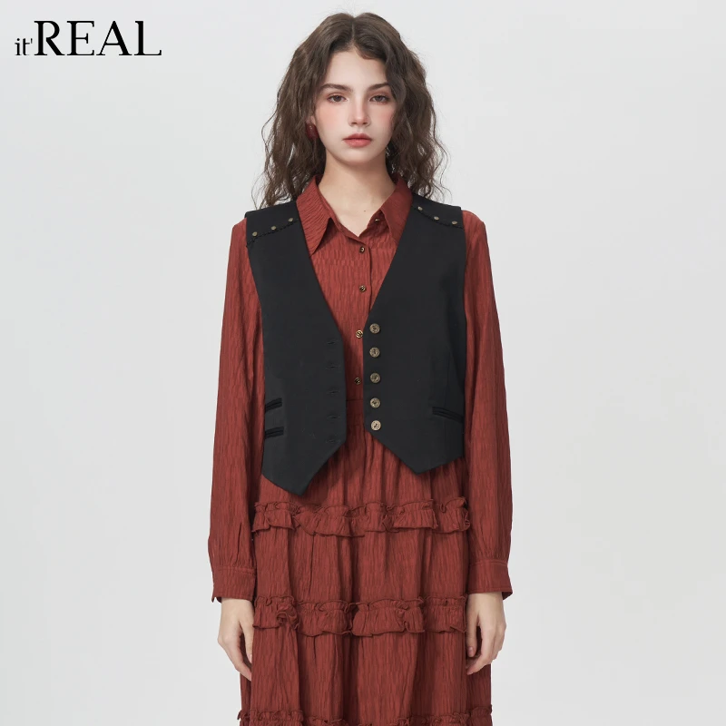 It'real瑞尔女装春季新款时尚百搭无袖黑色马夹9751217006