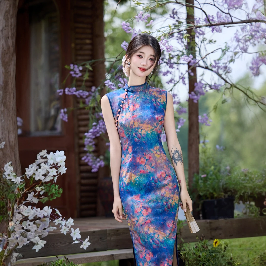 蓝色花海|新中式油画风无袖旗袍唯美梦幻气质长款2025新款 S-3XL