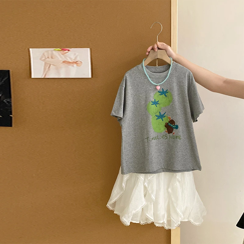 【安安家】女童韩版印花短袖T恤夏女孩甜美宽松半身裙两件套R26273