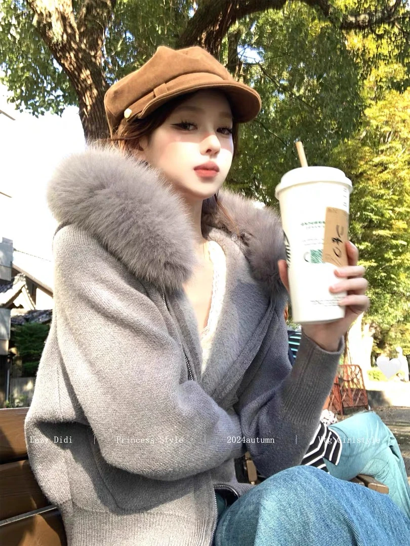 韩系温柔气质宽松毛领拉链连帽保暖毛衣女士冬季舒适百搭休闲上衣