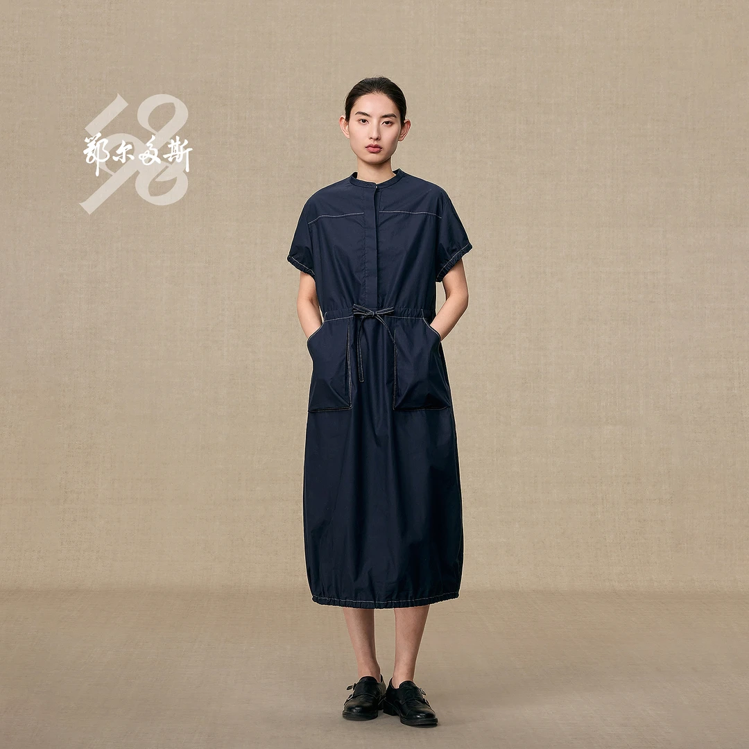 【小立领抽绳连衣裙】鄂尔多斯1980新品女挺括棉平纹连衣裙25秋冬