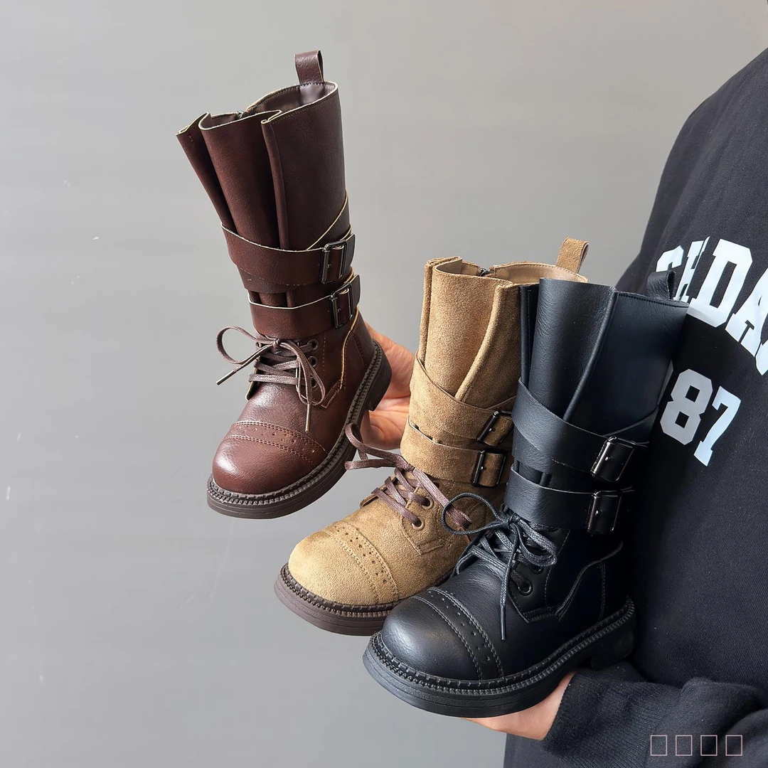 秋冬款儿童高筒靴加绒二棉女童马丁靴英伦风女孩皮靴软底防滑单靴