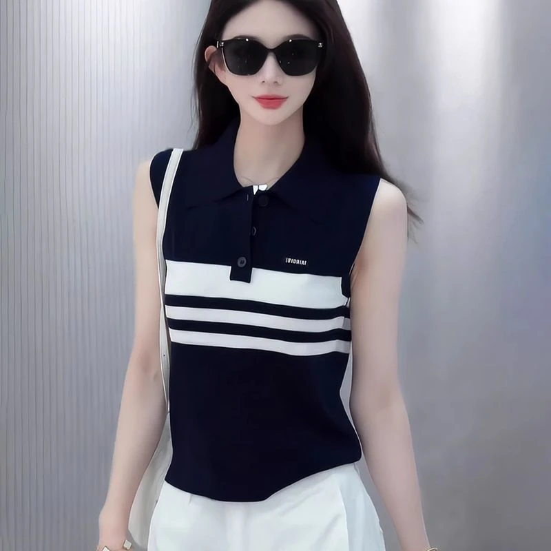 哥弟阿玛施正夏新款时尚设计感撞色条纹无袖针织衫T恤小众上衣潮