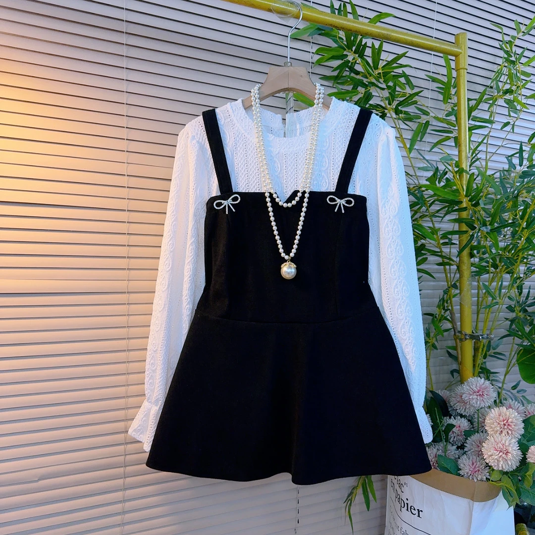 0838胖妹妹欧货时尚名媛风收腰显瘦设计感拼接假两件蝴蝶结百搭衫