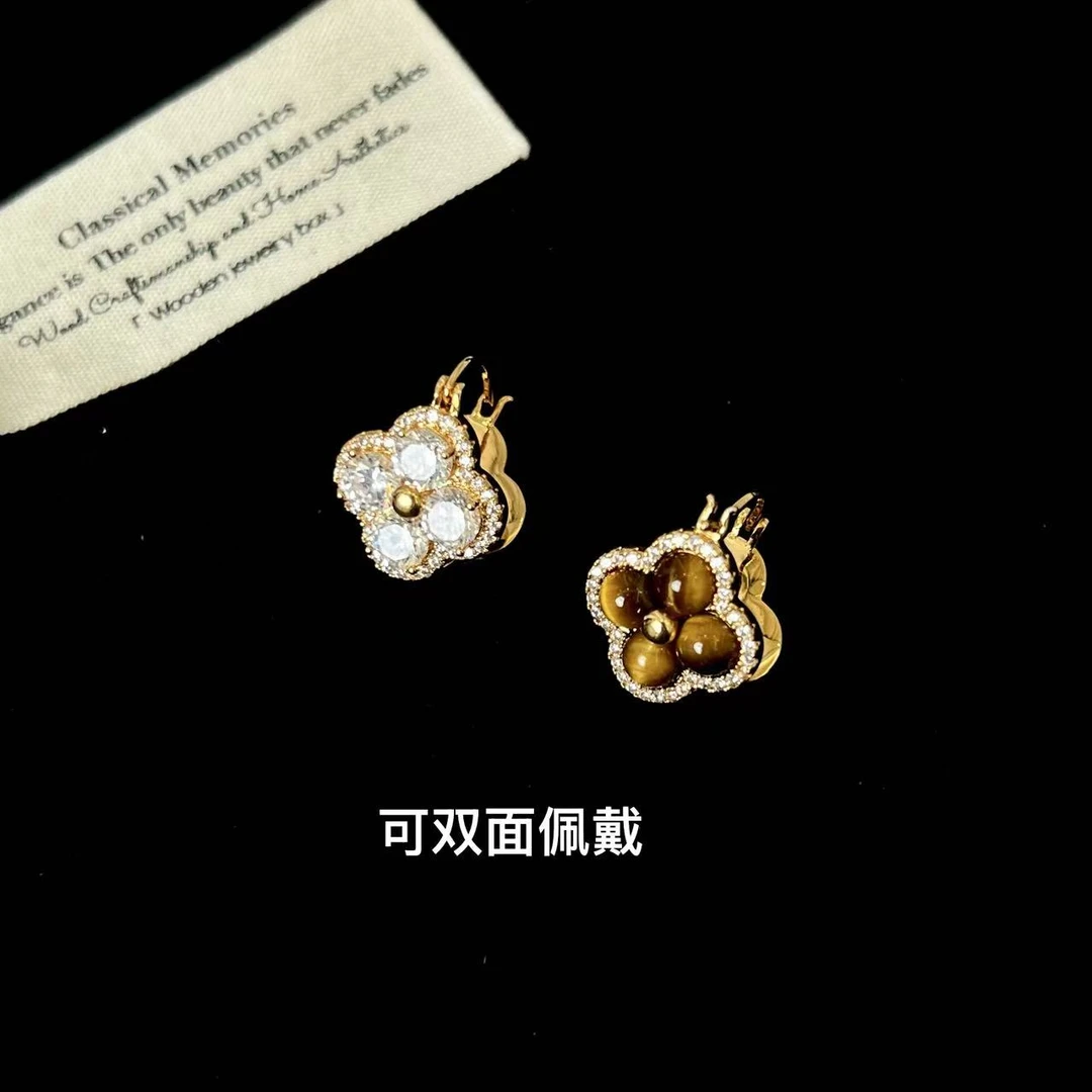 铜合金耳饰 秋冬美拉德色系双面可戴四叶草耳环