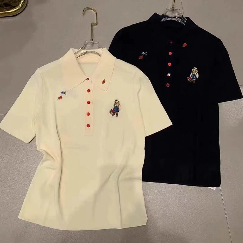 夏季新款刺绣polo领针织衫女时尚短袖t恤翻领宽松休闲套头上衣