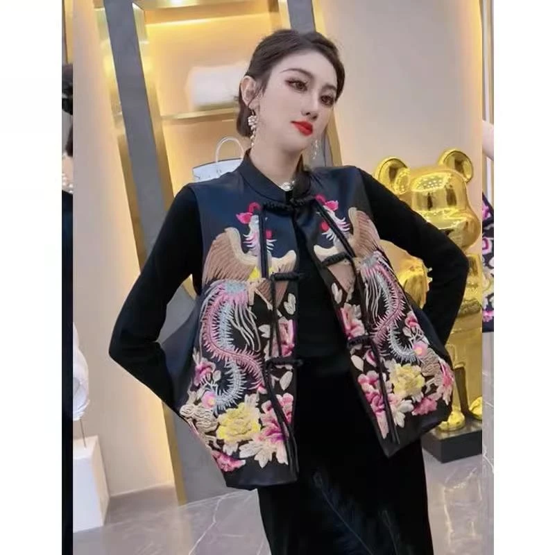 新中式国风马甲背心女秋冬宽松重工凤穿牡丹刺绣唐装坎肩外套上衣