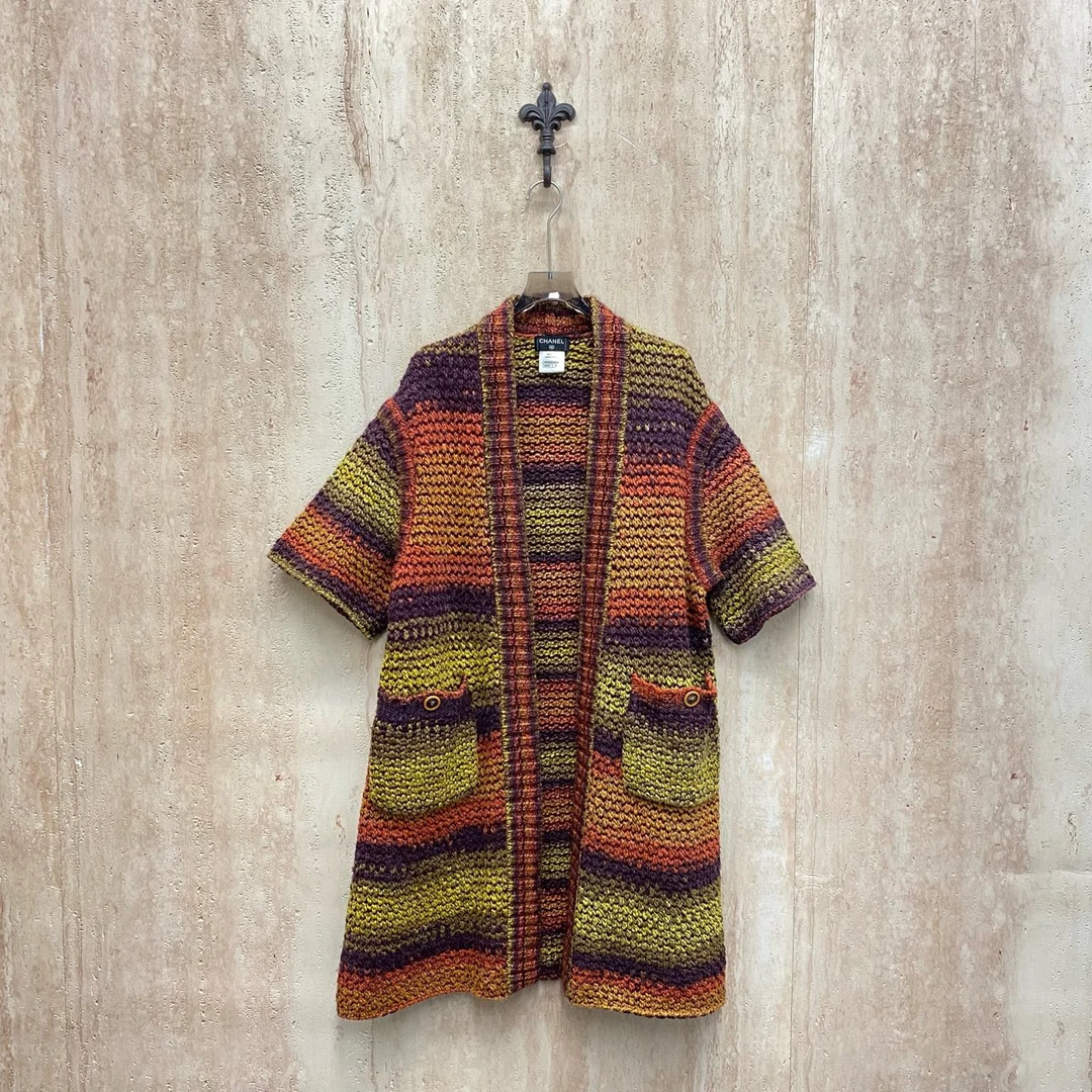 99新 Chanel/香奈儿 拼色条纹狮子扣粗线针织长款开衫/36码/33129