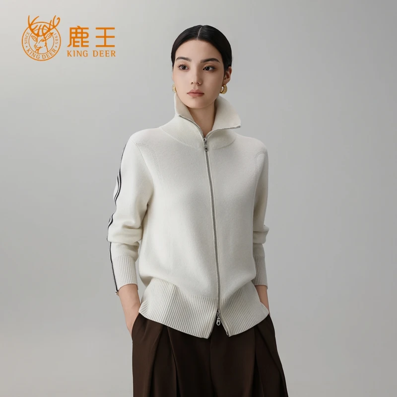 鹿王25秋冬新款女翻领100山羊绒四平针拉链休闲开衫 加厚 RA201