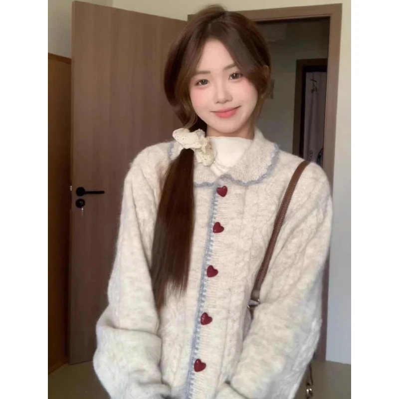 杏色纽扣麻花长袖针织开衫女秋季减龄翻领显瘦毛衣外套上衣