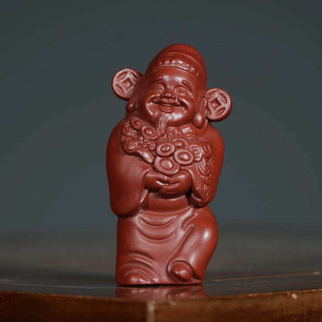 宜兴原矿朱泥大红袍雕塑财神紫砂手工茶宠茶玩茶道摆件
