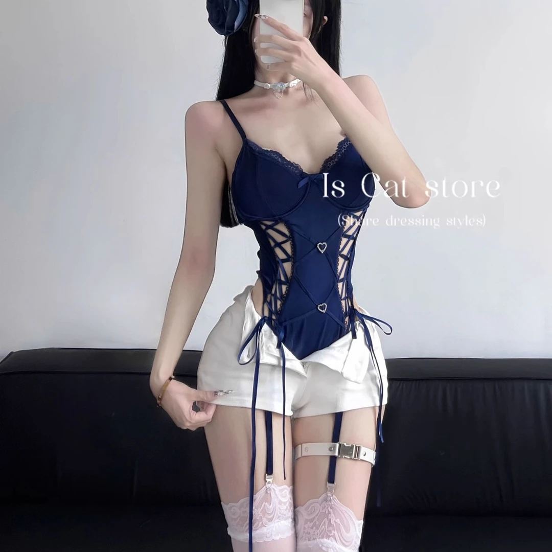 性感辣妹美背侧腰绑带紧身连体衣蕾丝低胸通勤纯欲风高级感