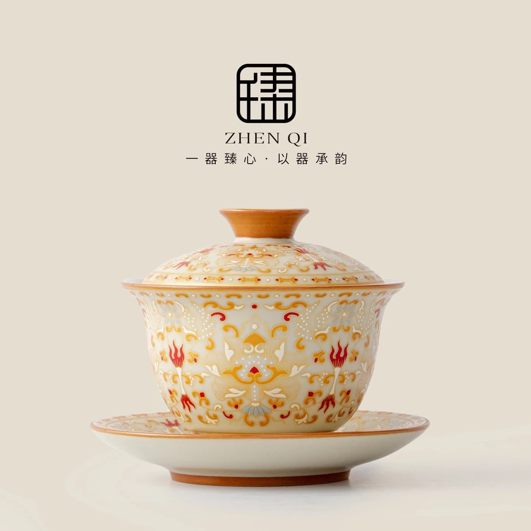 2025新款唐风汝窑敦煌三才盖碗防烫家用功夫茶具大容量陶瓷泡茶碗