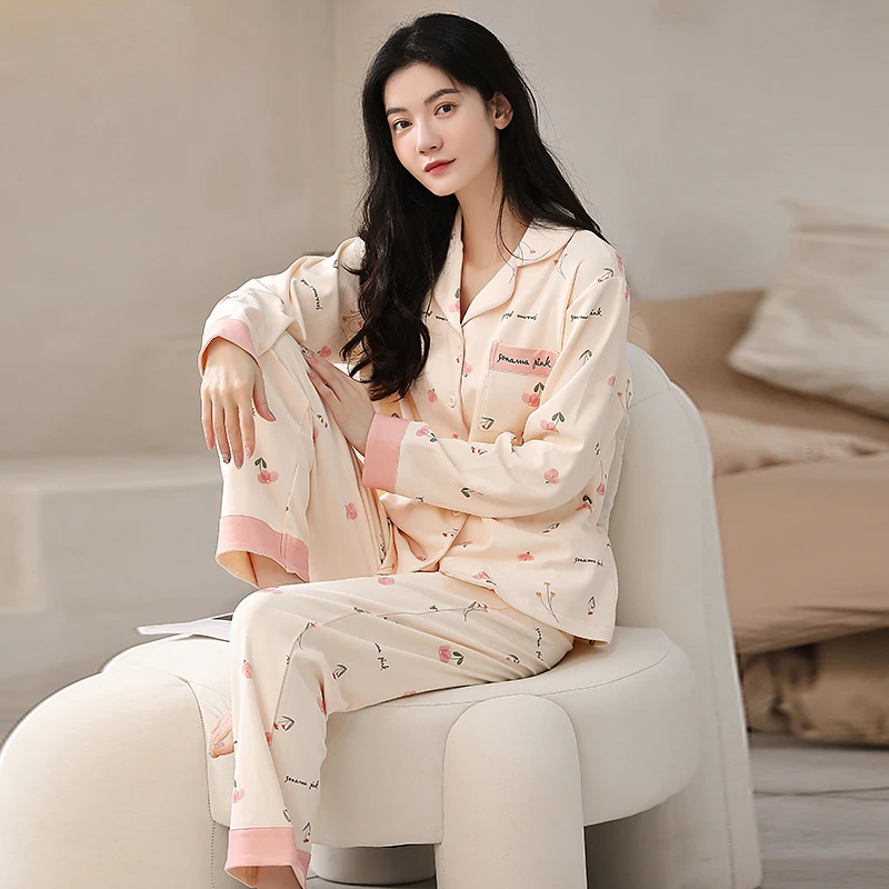100%双面纯棉睡衣女款宽松爆款新款春秋长袖秋冬款全棉家居服套装