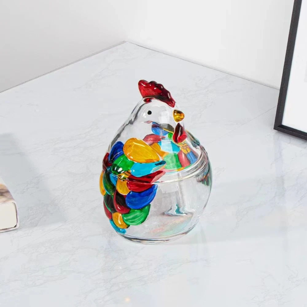 轻奢人工彩绘小鸡储物罐红色厨房储物装饰摆件