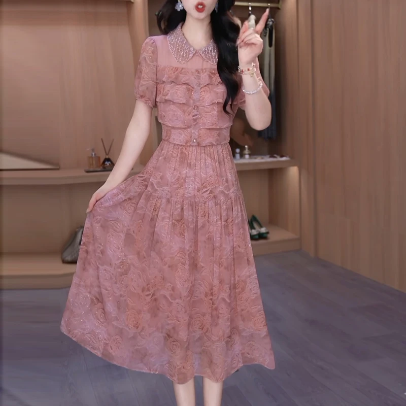 高端洋气优雅轻羽丝印花连衣裙女2025夏季新款时尚显瘦中长款裙子