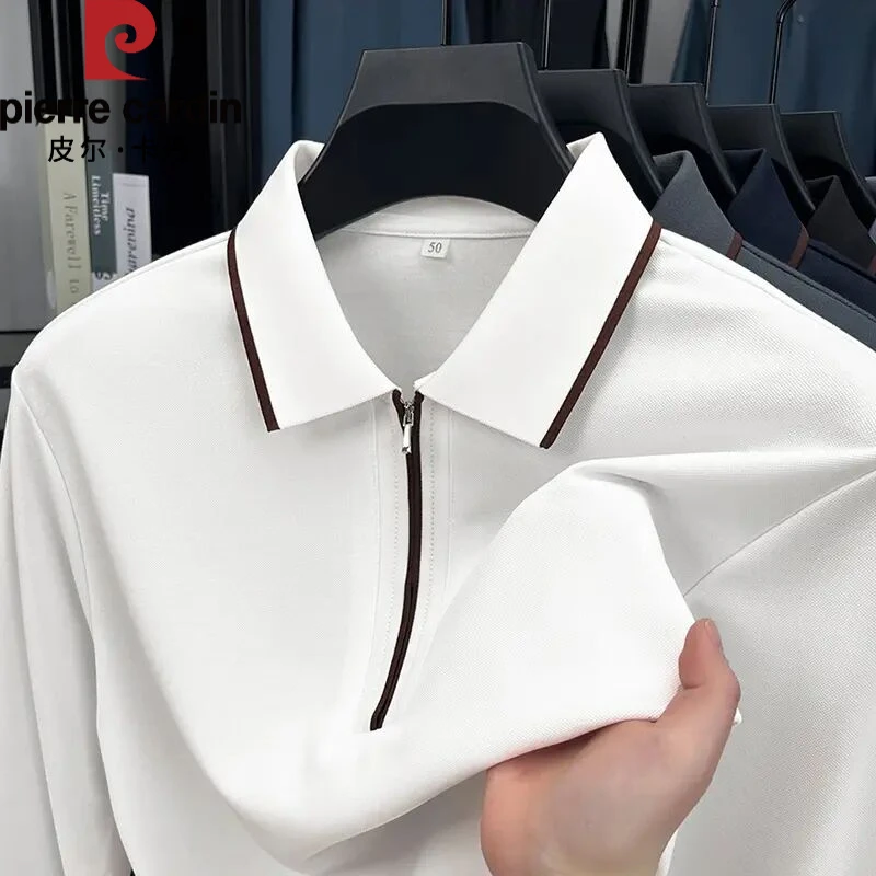皮尔卡丹含桑蚕丝长袖体恤男士春秋季新款商务羊毛拉链翻领POLO衫