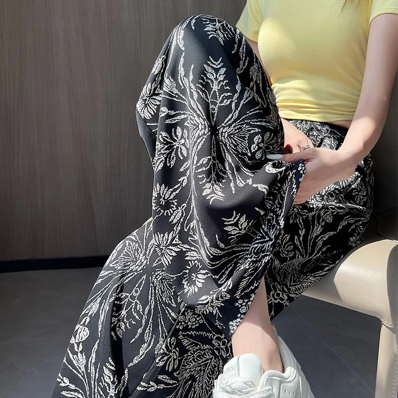 大码冰丝缎面印花阔腿裤女夏季胖mm高腰显瘦宽松休闲垂感拖地长裤