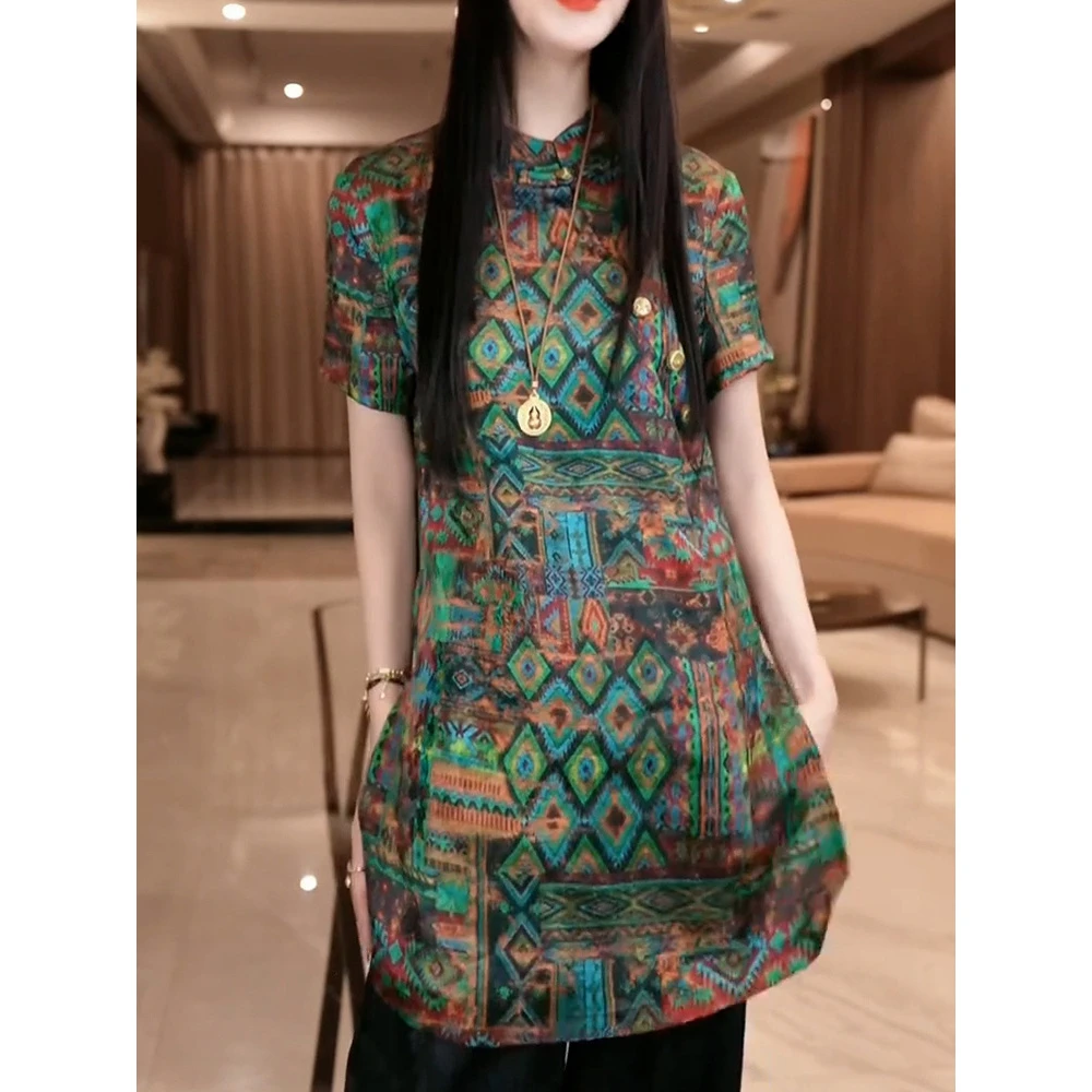 国风气质时尚复古印花短袖衬衫女2025夏季新款休闲百搭圆领衬衣