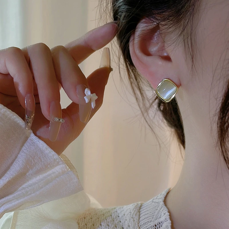 黄铜耳饰 【无耳洞耳夹】方形猫眼石耳钉气质新款潮耳环小众百搭ins