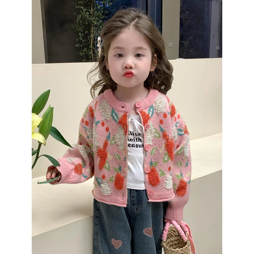 女童秋装针织外套2025新款儿童洋气开衫毛衣女宝宝秋秋款毛线上衣