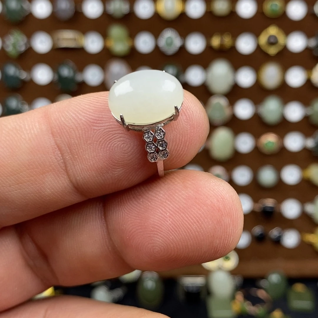 和田玉（白玉）戒指银S925镀金镶嵌