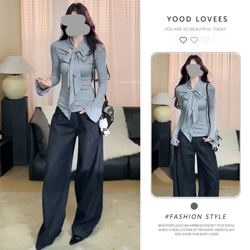 韩系氛围感灰色蝴蝶结系带长袖t恤女款2025春秋新款气质修身上衣