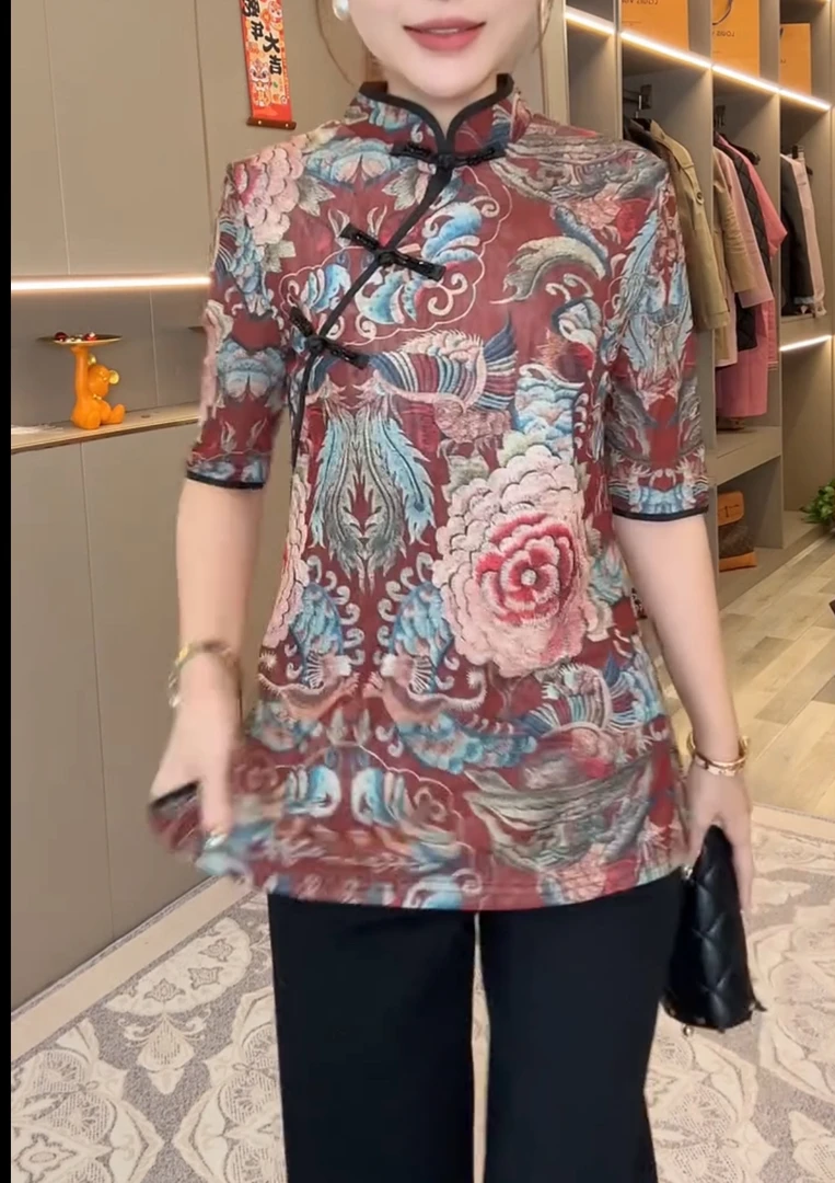 新中式国风印花旗袍衬衫优雅斜襟盘扣开叉设计女时尚气质百搭