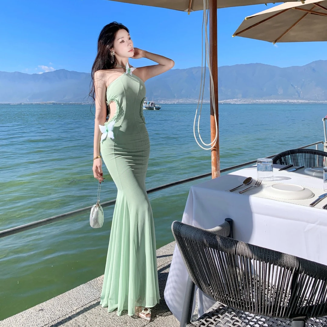 纯欲立体蝴蝶挂脖镂空连衣裙露背宴会生日鱼尾礼服长裙夏季度假裙