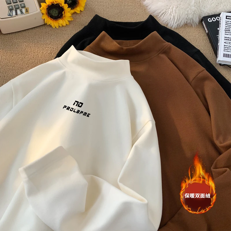 引创美式半高领双面绒长袖T恤男冬季2025新款休闲保暖内搭打底衫