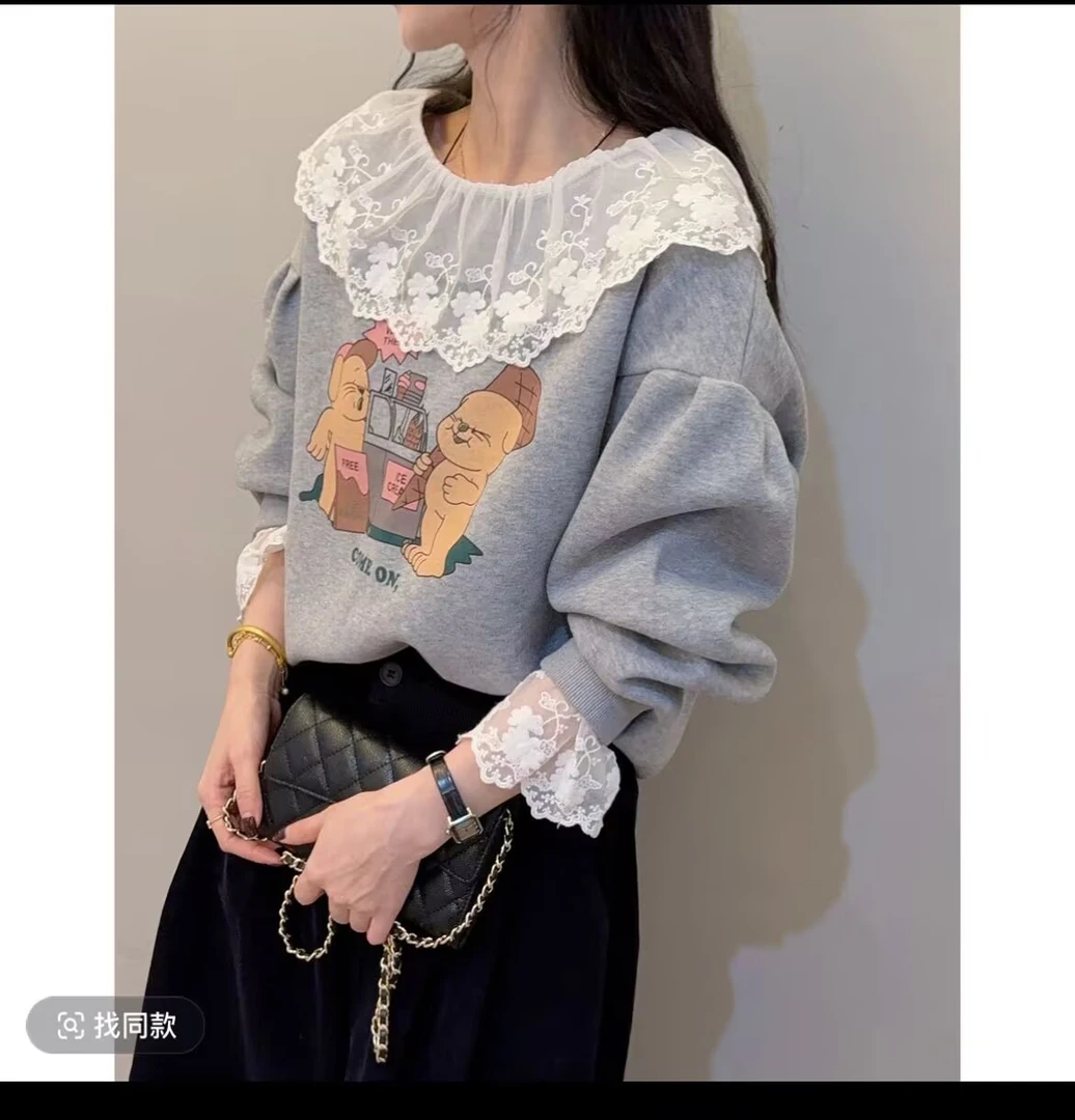 长袖拼接狗蕾丝套头印花翻领卫衣百搭洋气重工春季韩版