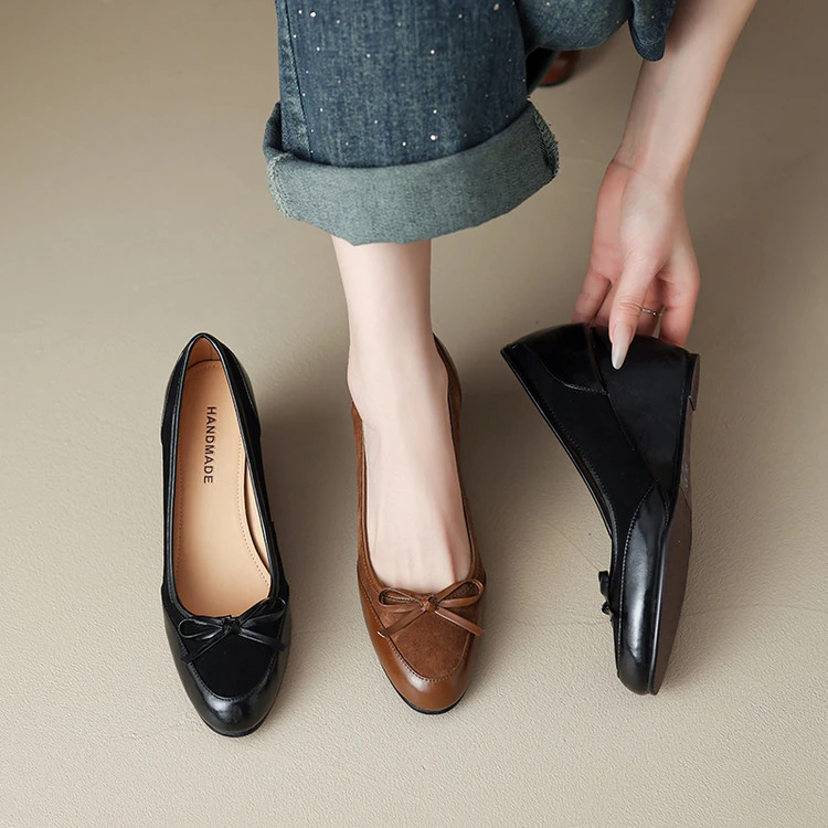 牛羊皮~6.5cm小个子时尚简约蝴蝶结一脚蹬拼接圆头坡跟单鞋高跟鞋