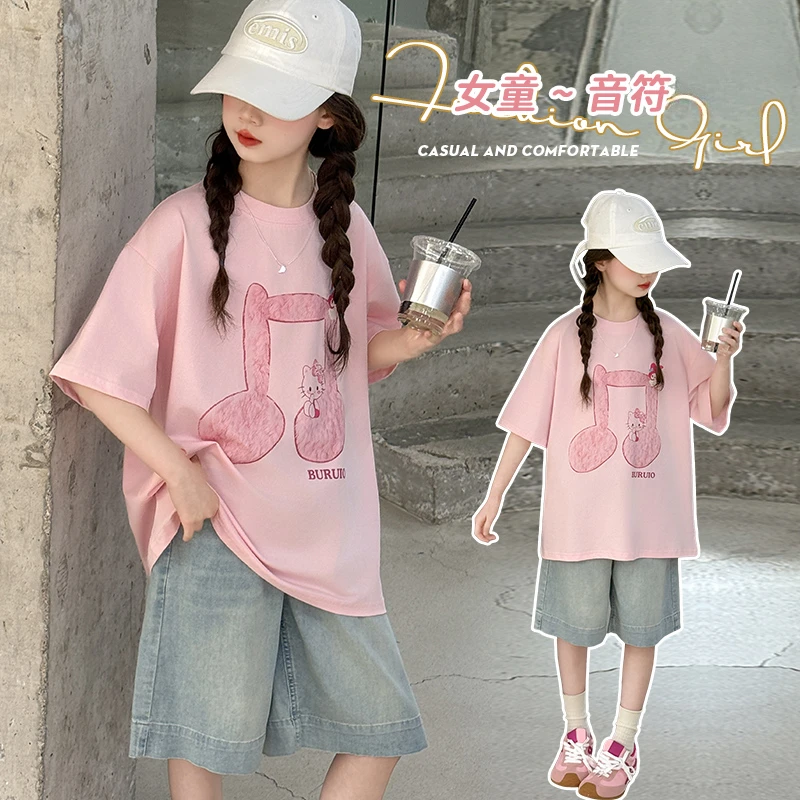 女童纯棉短袖2025夏季新款卡通潮流印花中大童女孩时尚百搭半袖潮