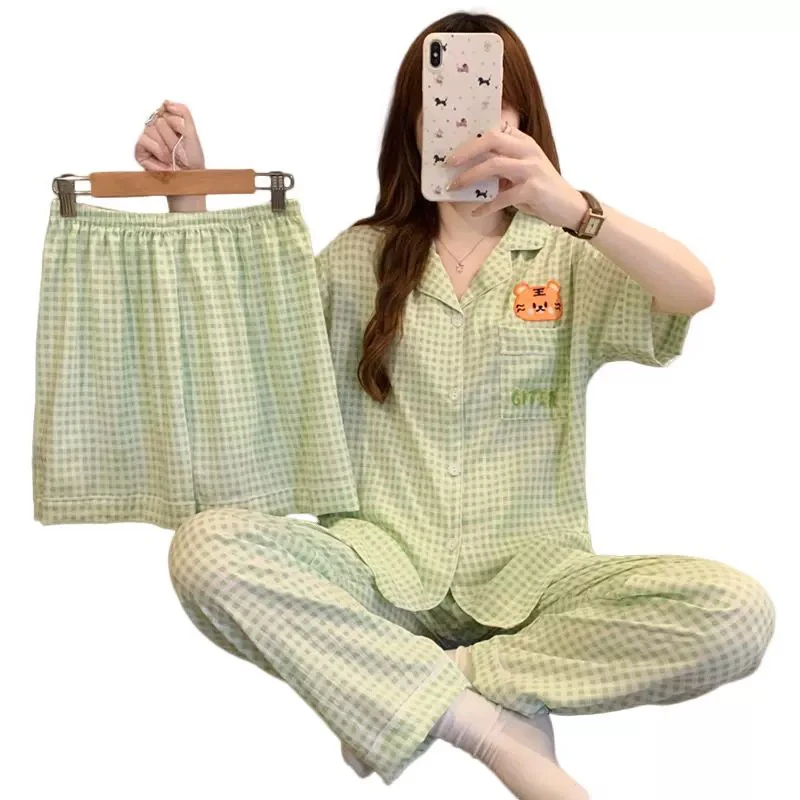 日系ins风卡通格子夏季女士短袖云朵棉睡衣