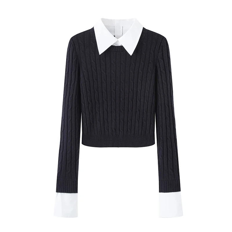 3015【艾家同款】2025秋季新款百搭衬衫式假两件毛衣女针织衫上衣女