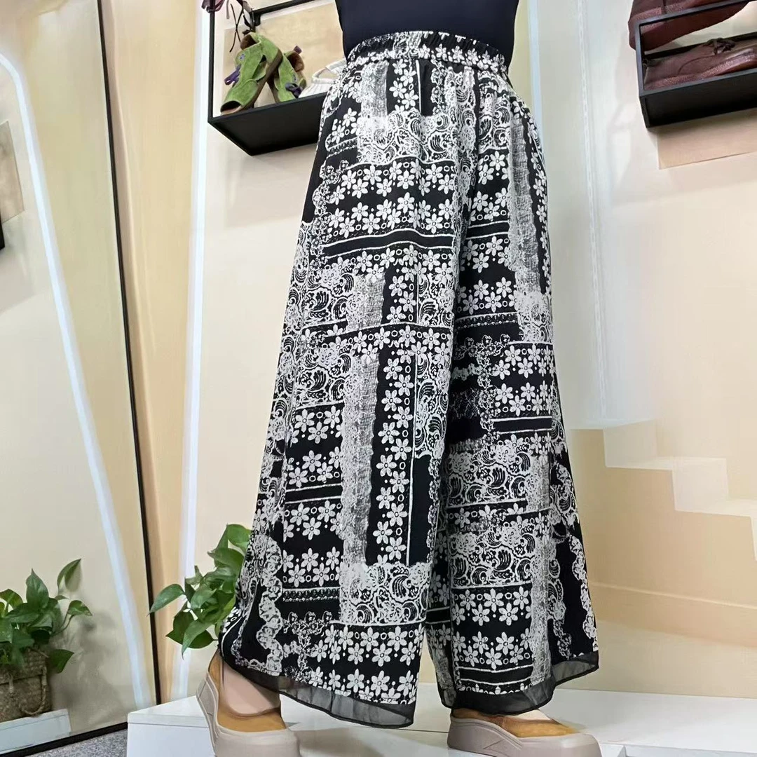 时尚站（B1）女士夏款印花松紧腰拼接阔脚休闲裤9065