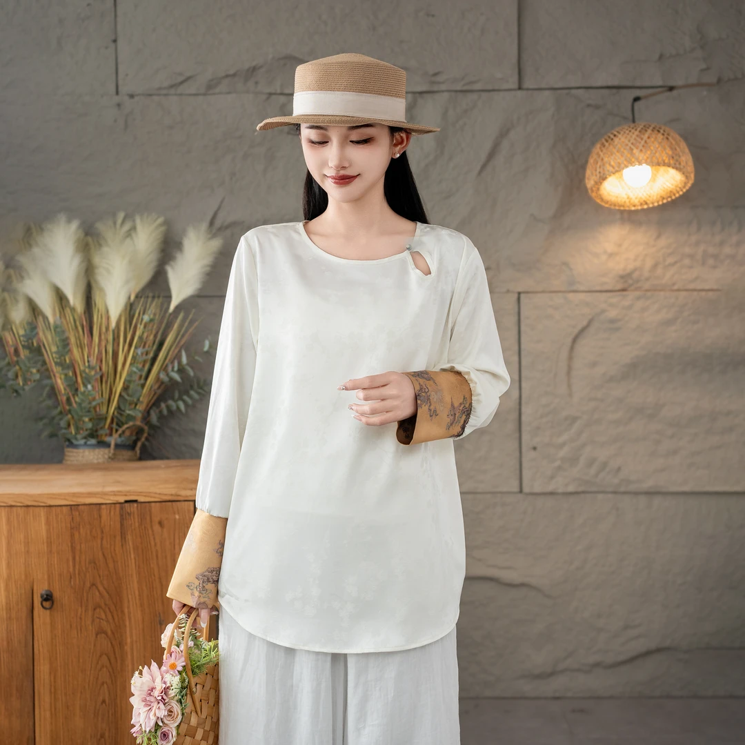 长袖通勤衬衫中式文艺圆领白色茶服禅意提花针织新中式