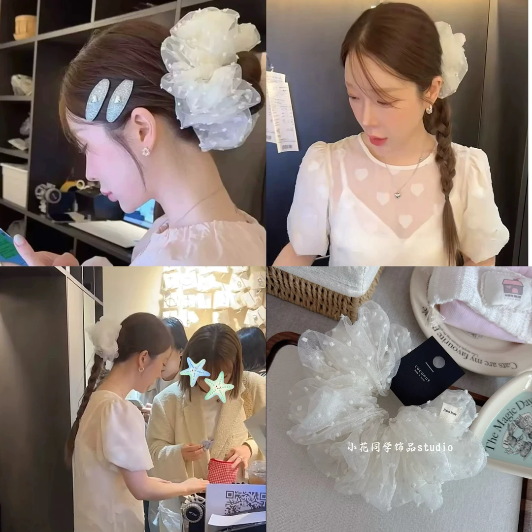 韩国欧尼小姐姐同款～米白黑色波点圆点仙女泡泡纱欧根纱大肠发圈