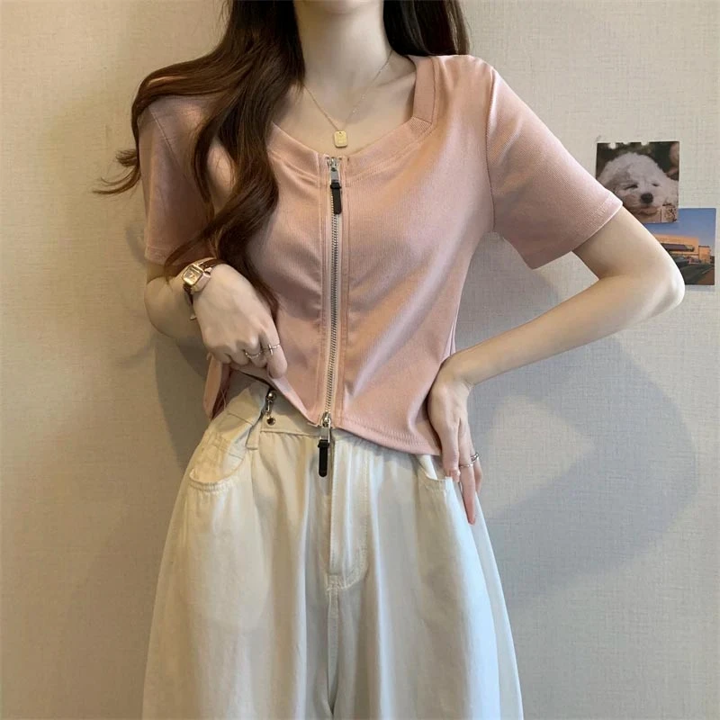 正肩短袖T恤打底衫女2025年夏季新款设计感百搭显瘦短款方领上衣