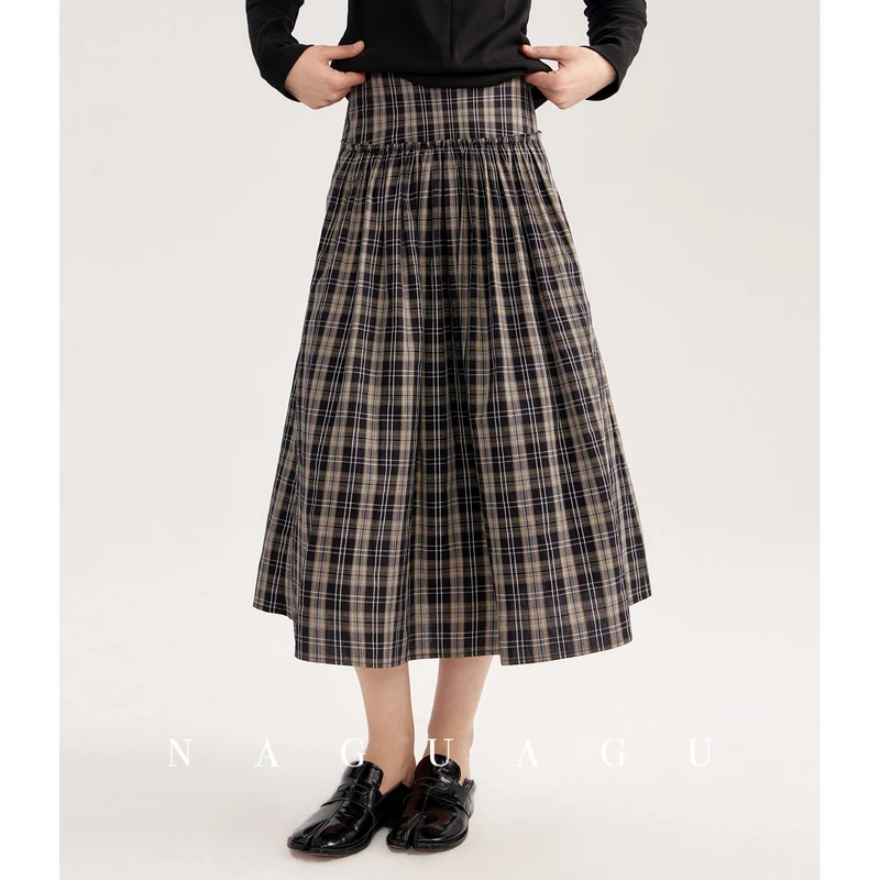 【诺丁汉格子裙】甄选荃棉面料 经典格纹拼接细褶A字长款半身裙