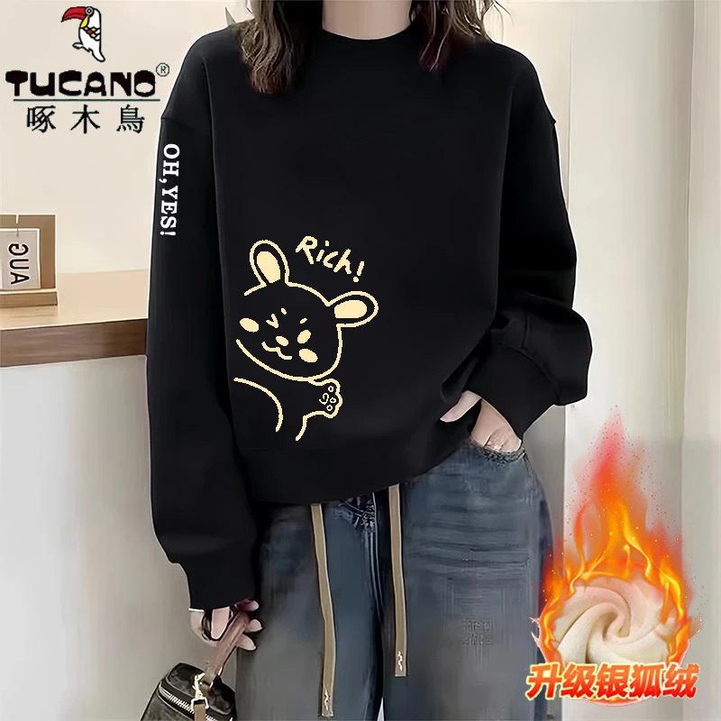 啄木鸟纯棉秋冬加绒圆领卫衣女宽松百搭套头印花休闲气质简约上衣