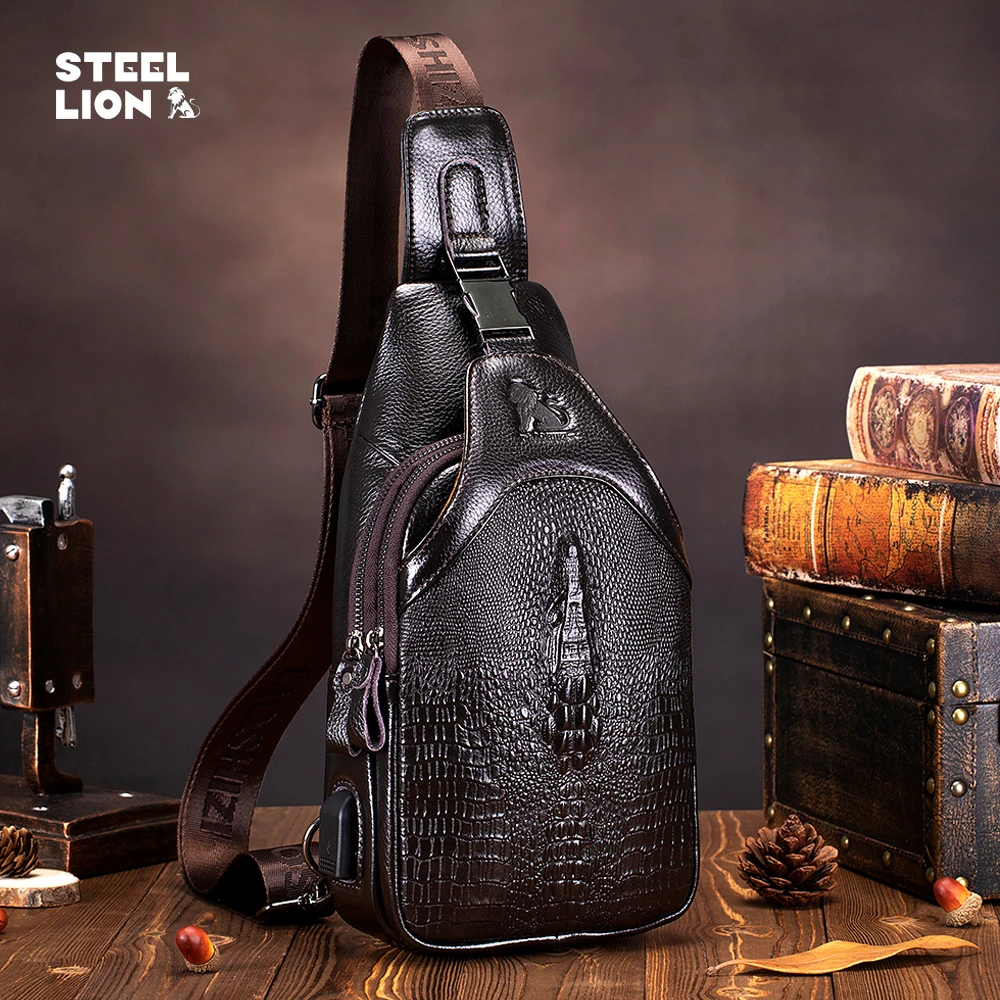 2025新款头层牛皮男士鳄鱼纹斜挎包真皮胸包潮流休闲旅游单肩背包