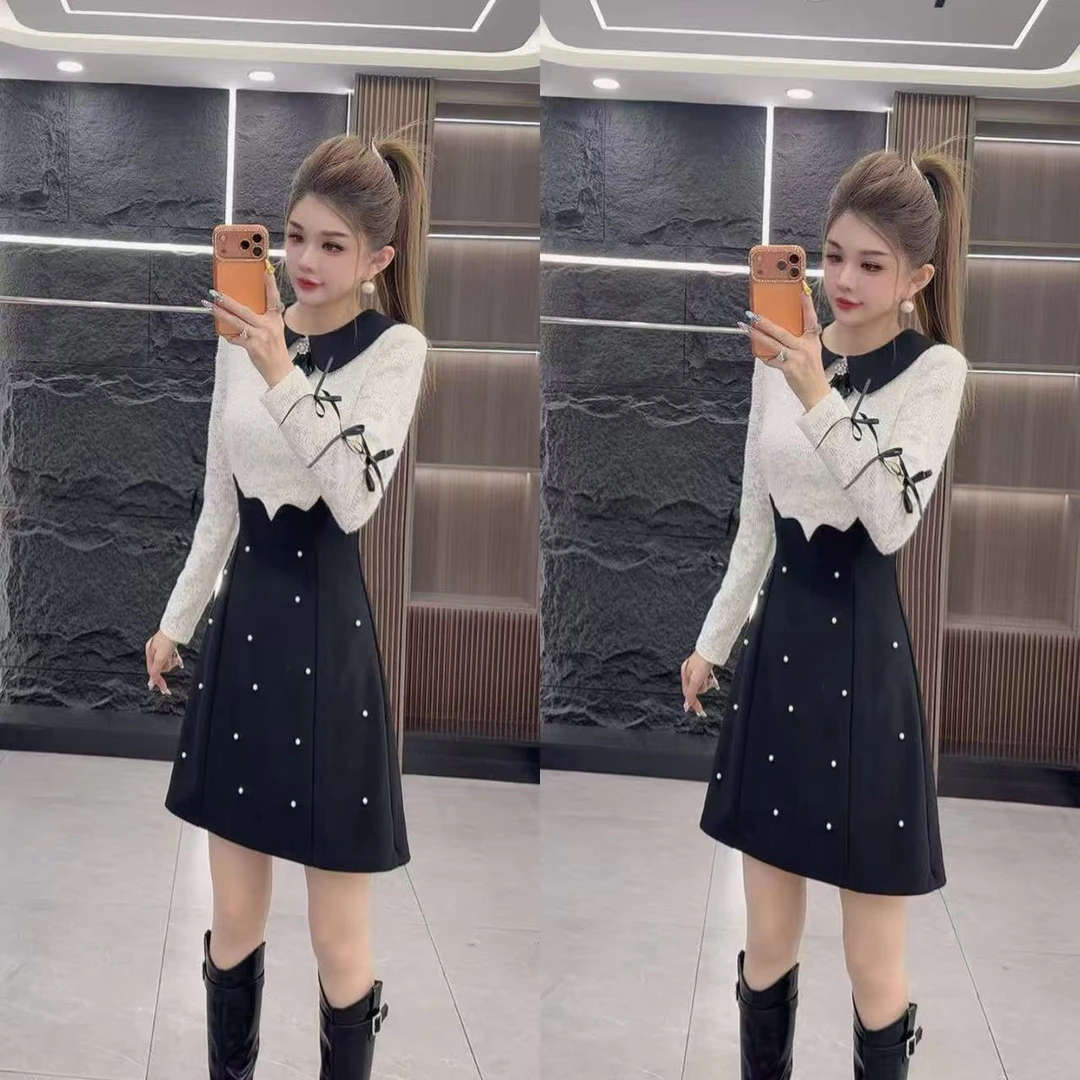 冬季6867 时尚气质亮饰拼接翻领连衣裙